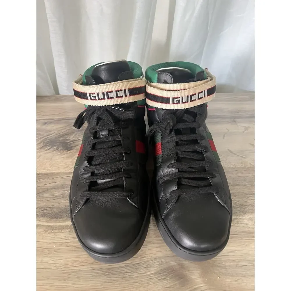 Gucci Ace Stripe High Top Sneakers Black Green red Logo Strap US 11.5 Mens UK 11